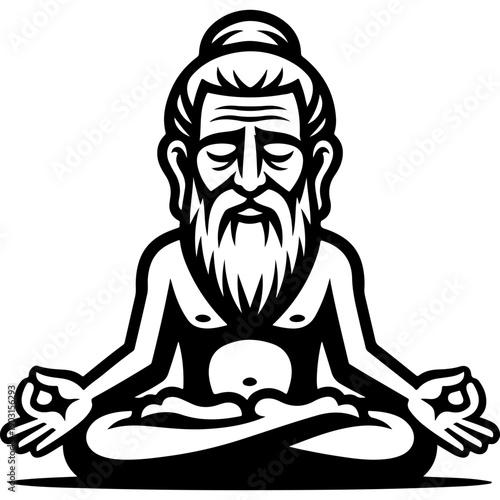 Wise old yogi sage meditating in lotus pose, long beard, topknot, bare torso, serene closed eyes, black and white vector illustration, zen guru mascot logo