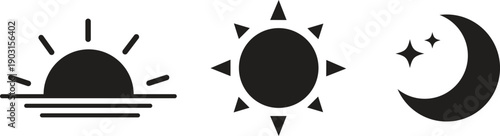 Time of the day icons showing morning sunrise, bright noon sun, evening sunset, and night moon with stars representing daily cycle, weather, astronomy, calendar, and environment concept