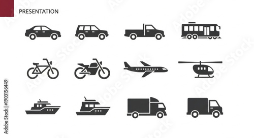 Collection of diverse transportation vehicle icons on white background.