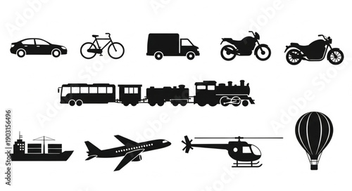 Collection of diverse transportation vehicle silhouettes.