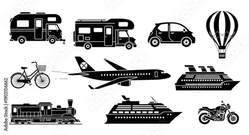 Collection of diverse transportation vehicles and modes of travel.