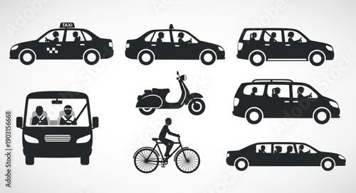 Collection of diverse transportation vehicle silhouettes.