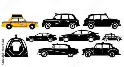 Collection of diverse taxi vehicles in silhouette and color.