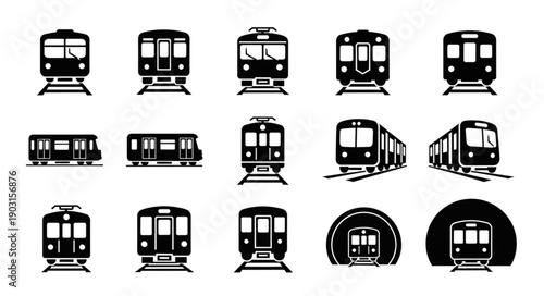 Collection of diverse train icons and illustrations.