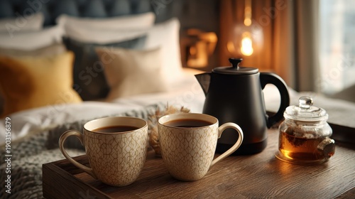Two warm patterned coffee mugs, kettle, tea jar on wood tray by bed. Ideal for themes of comfort, relaxation, mindful mornings, and luxury.
