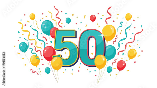 Number 50 Celebration Vector Illustration with Party Balloons and Confetti
