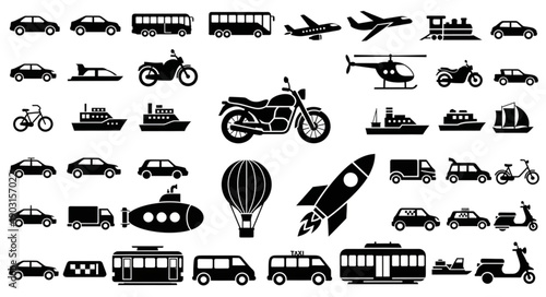 Collection of diverse transportation vehicle icons in silhouette.