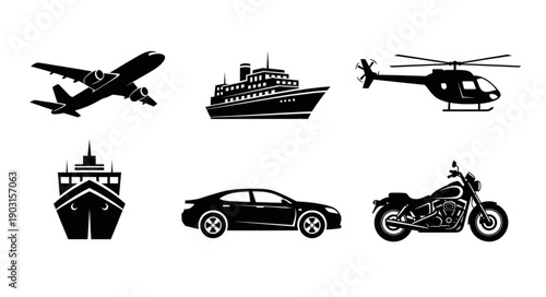 Collection of diverse transportation vehicle icons in silhouette.