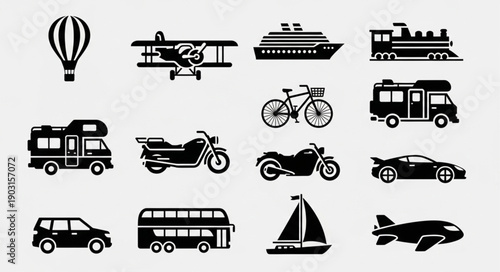 Collection of diverse transportation vehicle icons in silhouette.