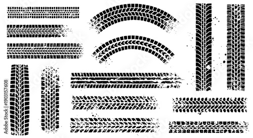 Set of tire tracks and tread marks with grunge distressed texture.