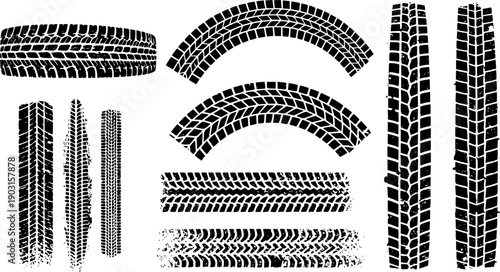 Tire tracks and tread marks set with grunge distressed texture Background element