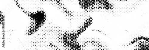 Fading triangle halftone texture gradient pattern. Abstract diagonal geometric background. Tech mosaic triangular halfton gradation. Vector vanishing corner arrow wallpaper for banner, booklet, poster