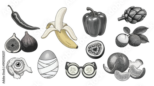 Halftone Retro Collage of Exotic Fruits, Vegetables and Everyday Objects in Vintage Pop Art Style.