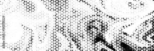Fading triangle halftone texture gradient pattern. Abstract diagonal geometric background. Tech mosaic triangular halfton gradation. Vector vanishing corner arrow wallpaper for banner, booklet, poster