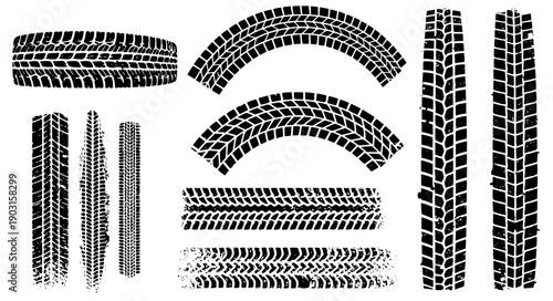 Tire tracks and tread marks set with grunge distressed texture Background element