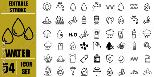 Water Line Icons Set Featuring Water Drop, Faucet, Clean Water, Rain, Waves, Conservation, Hydration, Plumbing and Water Supply for Environment, Utilities, Health and Infographic Design