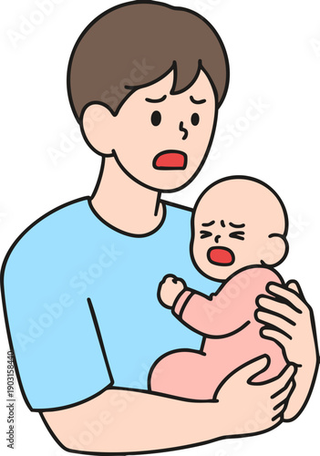 struggling dad trying to soothe a crying infant vector