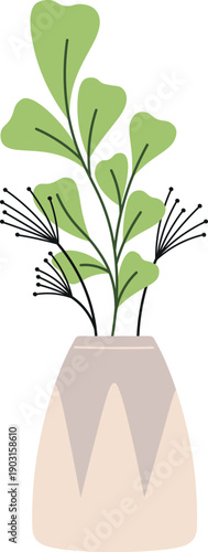 Decorative ceramic jug with plant branch. Interior botany