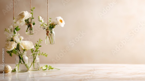 Wallpaper Mural Elegant floral arrangement featuring white roses and daisies in hanging glass jars Torontodigital.ca