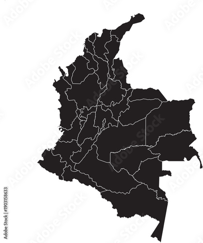 Colombia Map with Administrative Regions Silhouette Vector Transparent Background Vector.