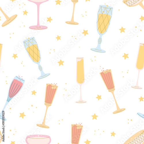 Drink glasses pattern. Hand drawn champagne seamless wrapping