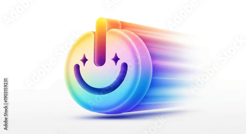Vibrant Rainbow Power Button Smiley Face Icon with Energetic Motion Blur and Sparkles