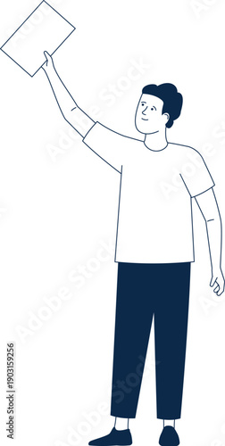 Democratic decision. Young man voting with white paper