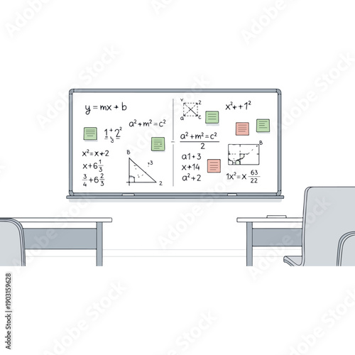 Classroom Whiteboard with Complex Mathematical Formulas and Equations