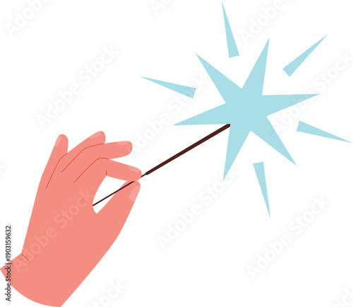 Magic wand sparkle in human hand. Wizard miracle