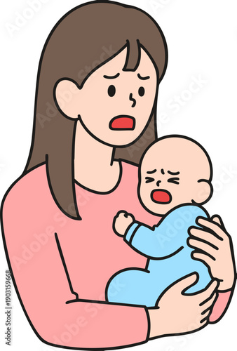 panicked mother holding a crying baby vector