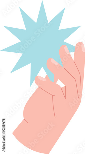 Magic force spell in human hand. Blue sparkle gesture