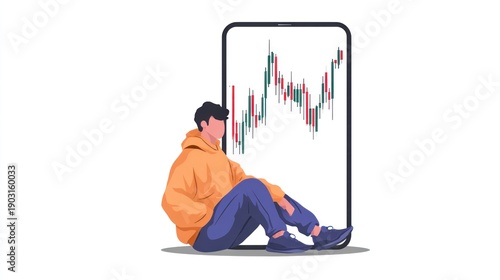 Man sits beside a phone with stock chart