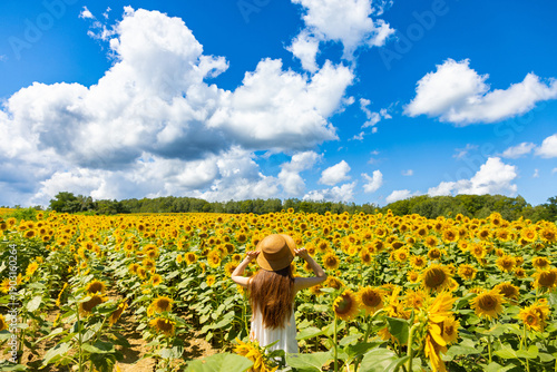 北海道北竜2025夏-麦わら帽子の女性とひまわり畑-04