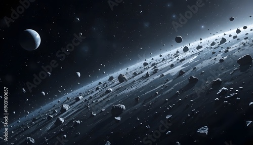 Cosmic debris field with a distant celestial body and spacecraft in deep space. astroid belt