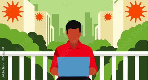 Remote work from home during global pandemic. Man on laptop at city balcony, illustrating coronavirus outbreak challenges, new normal, and modern urban adaptation.