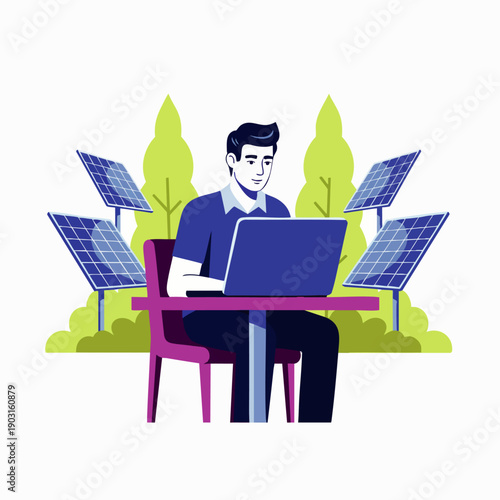 Professional working remotely with laptop, powered by renewable solar energy, illustrating green technology and sustainable business practices.