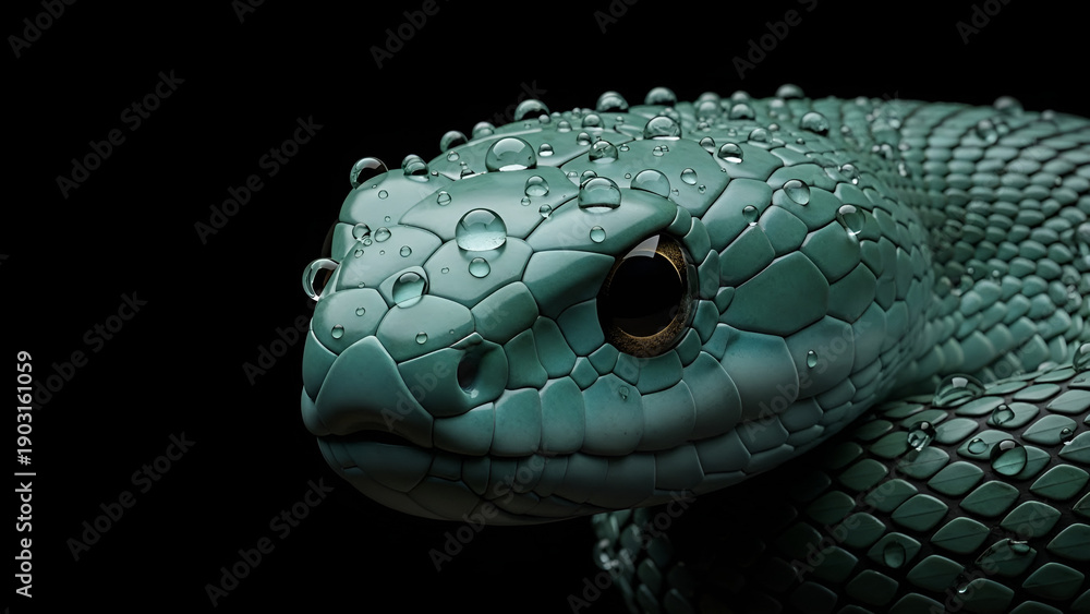 Fototapeta premium Realistic close-up of a green snake head with water droplets on its scales against a black background, highlighting texture detail, wildlife beauty, and a mysterious reptile mood.