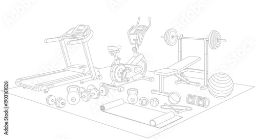 Collection of detailed line art illustration depicting various home gym equipment necessary for a complete and varied fitness routine