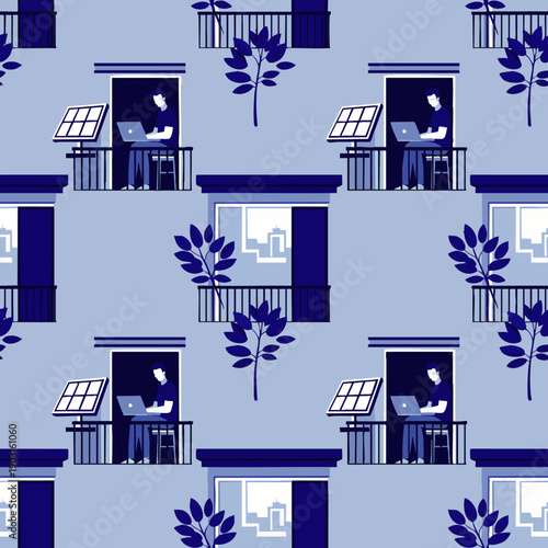 Seamless pattern of people working on balconies with solar panels, illustrating sustainable urban living, remote work, and eco-friendly city life.