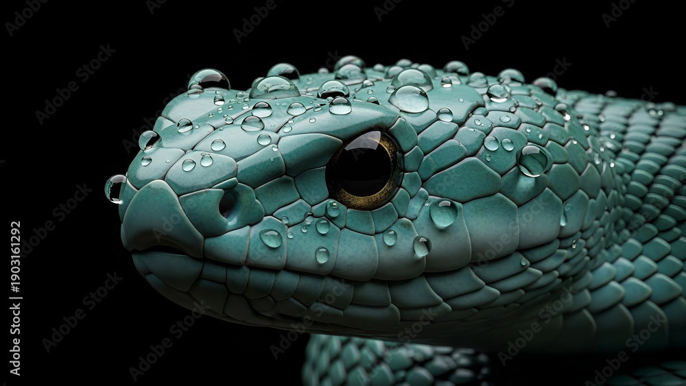 Fototapeta premium Realistic close-up of a green snake head with water droplets on its scales against a black background, highlighting texture detail, wildlife beauty, and a mysterious reptile mood.