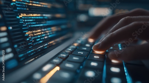Hands typing on a glowing keyboard with programming code reflecting on screen