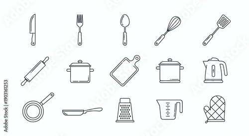 Collection of simple black outline kitchen utensils icons including cooking pots pans whisk and essential baking tools for culinary design