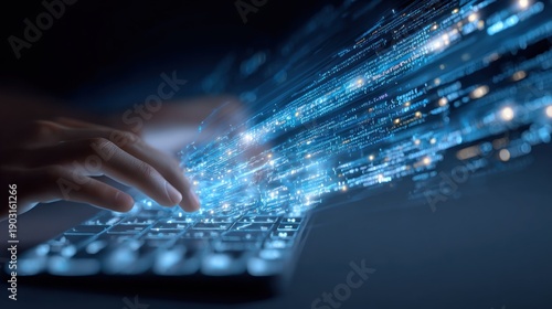 Hands typing on keyboard with illuminated data streams against dark background