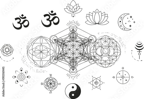 Collection of sacred geometry symbols including Metatron's cube om signs lotus flowers crescent moon and yin yang for spiritual design