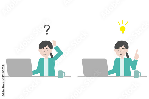 疑問と解決の女性セットイラスト　パソコン作業とひらめき