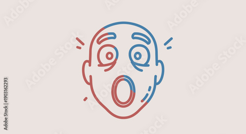 Dual-tone red and blue line art illustration of a face expressing extreme surprise and shock