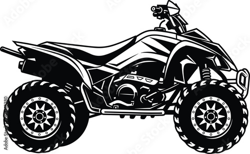 ATV quad bike silhouette illustration with off road tires and sport design, isolated on white background, black vector icon for adventure motorsport.
