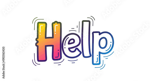 Vibrant Hand-Drawn Help Word Art with Gradient Hues Illustrating Support and Assistance