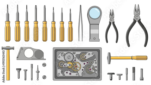 Comprehensive collection of specialized precision tools and intricate watch movement components for delicate repair and meticulous assembly tasks