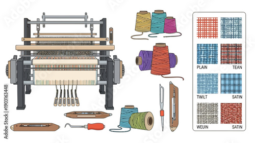 Artisan Textile Weaving Process Illustrated with Traditional Loom, Vibrant Yarn Spools, and Diverse Fabric Pattern Swatches
